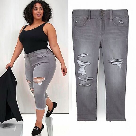 Torrid Gray Super Soft Distressed Crop Jegging Jean Size 18 - Picture 2 of 12